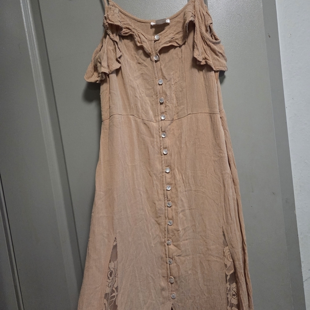 VENUS Tan Off-Shoulder Maxi Dress with Buttons - Picture 3 of 6
